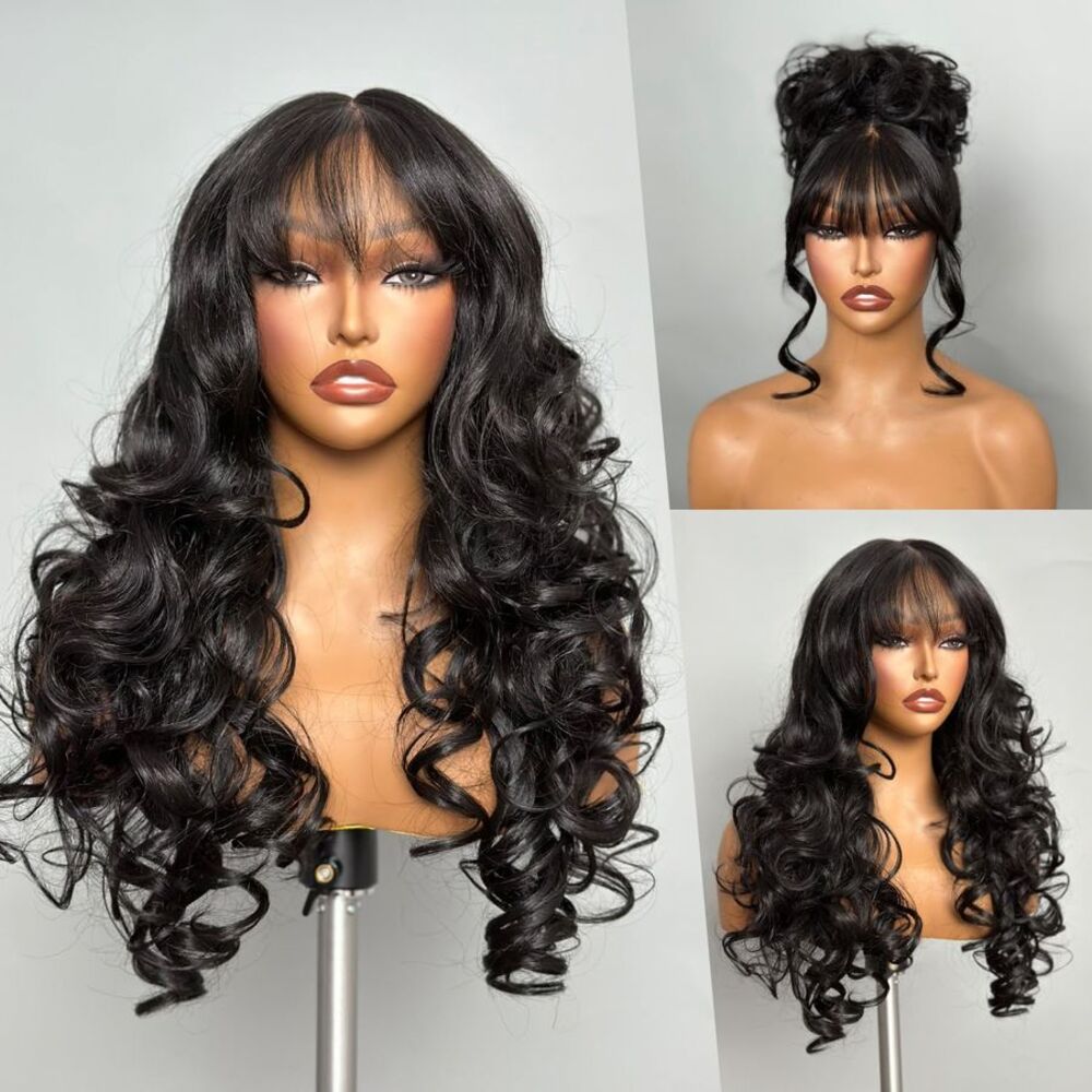 Black Body Wave Wig with Bangs 20" Glueless True Scalp 180%
